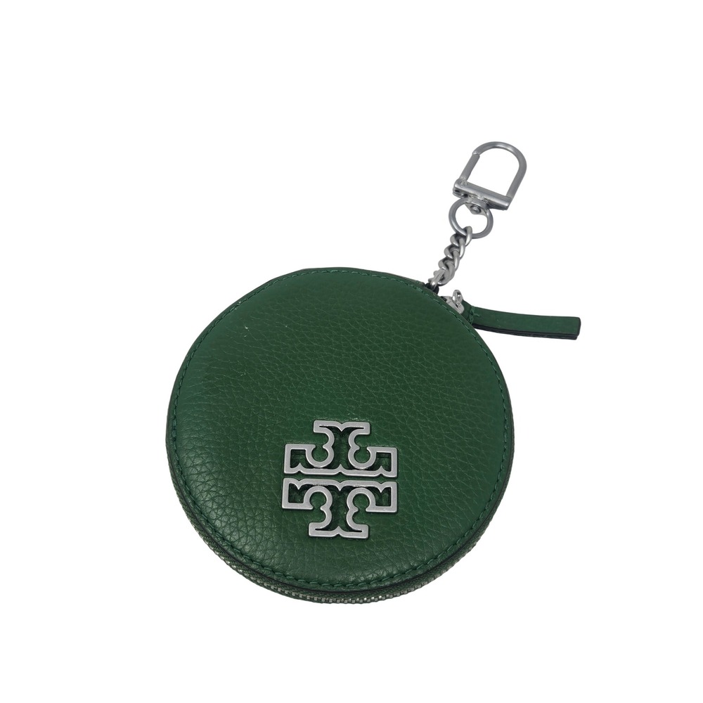 Tory Burch Green Pebbled Leather Round Coin Pouch Keychain Silver Logo